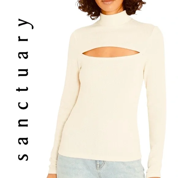 Sanctuary Womens Cut It Out Long Sleeve Mock Neck Ribbed Pullover Cream XL NWT - Picture 13 of 13